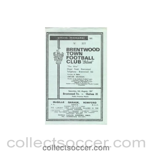 1967 - Brentwood vChelsea official programme 05/08/1967