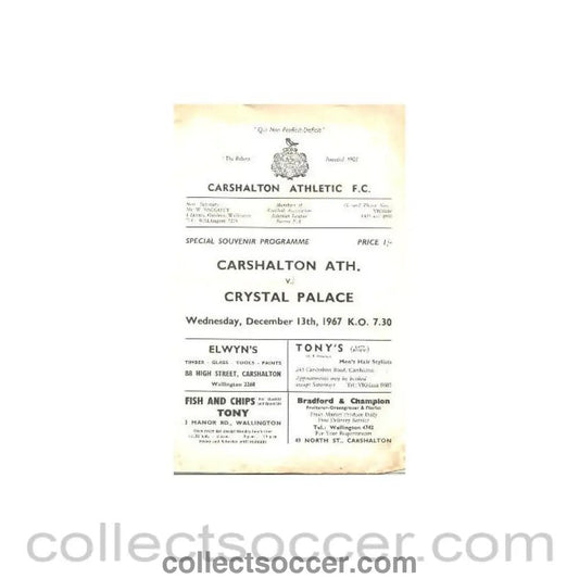 1967 - Carshalton Athletic v Crystal Palace official programme 13/12/1967 - Collect Soccer