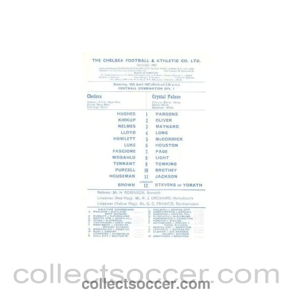 1967 - Chelsea v Crystal Palace official programme 15/04/1967 - Collect Soccer