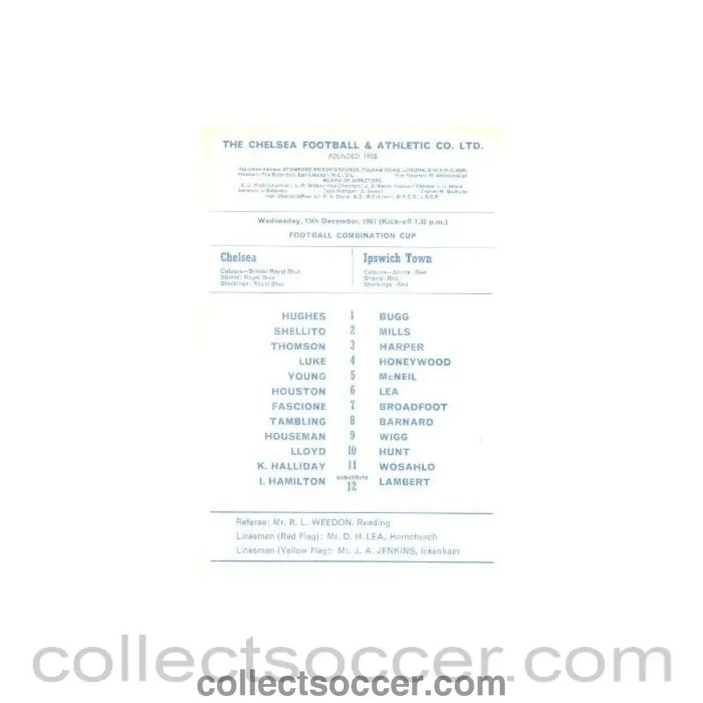 1967 - Chelsea v Ipswich Town official programme 13/12/1967 Reserves - Collect Soccer