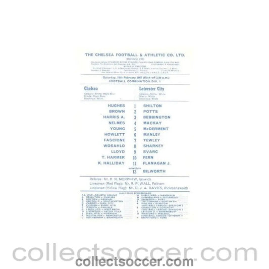 1967 - Chelsea v Leicester official programme 18/02/1967 - Collect Soccer