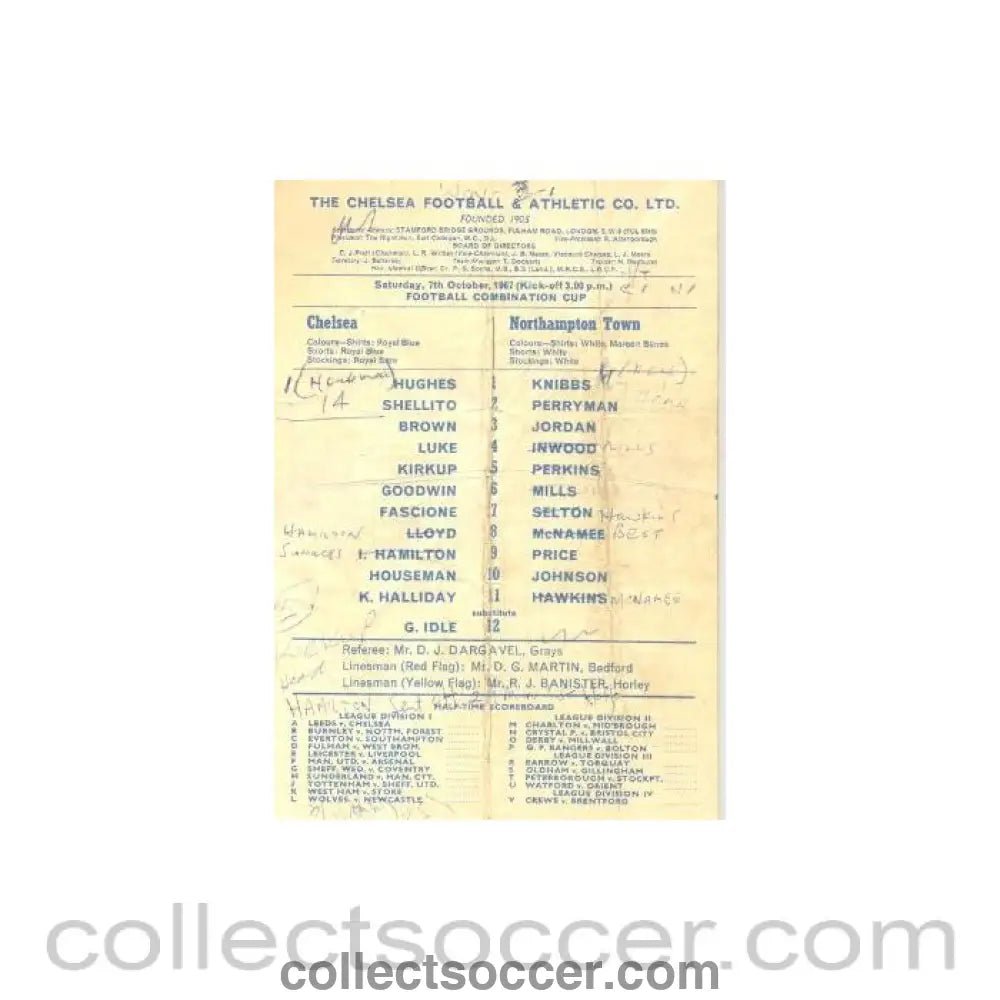 1967 - Chelsea v Northampton official programme 07/10/1967 Reserves - Collect Soccer