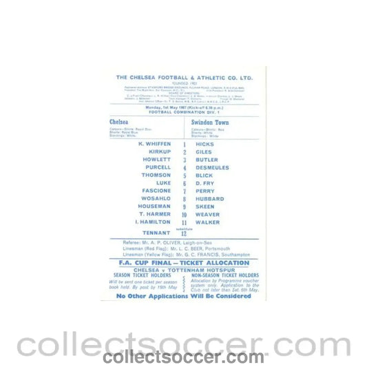 1967 - Chelsea v Swindon Town Reserves official programme 01/05/1967 Football Combination