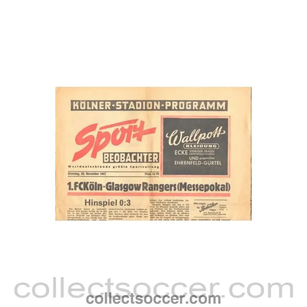 1967 - FC Koln V Glasgow Rangers programme 28/11/1967 - Collect Soccer