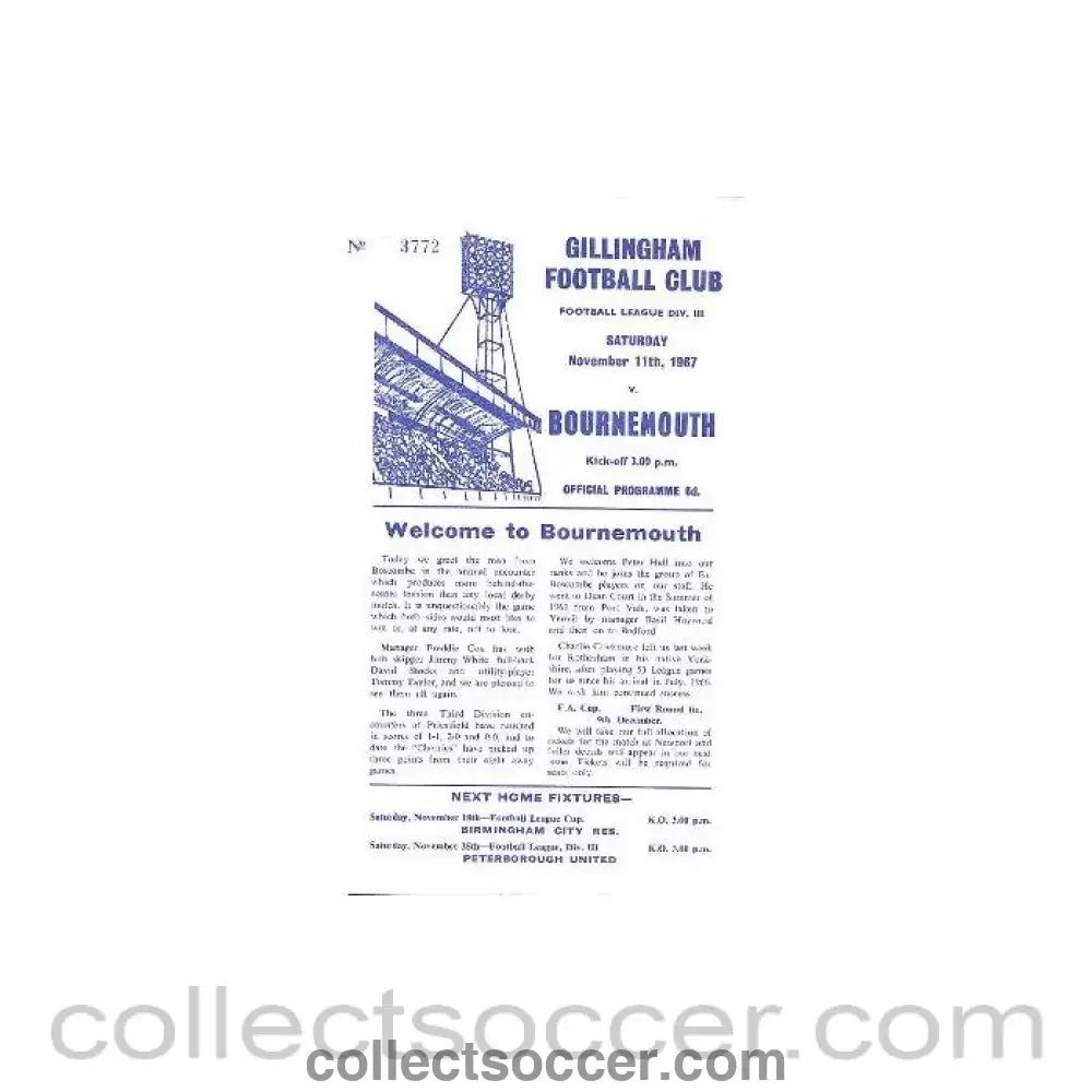 1967 - Gillingham v Bournemouth official programme 11/11/1967 - Collect Soccer