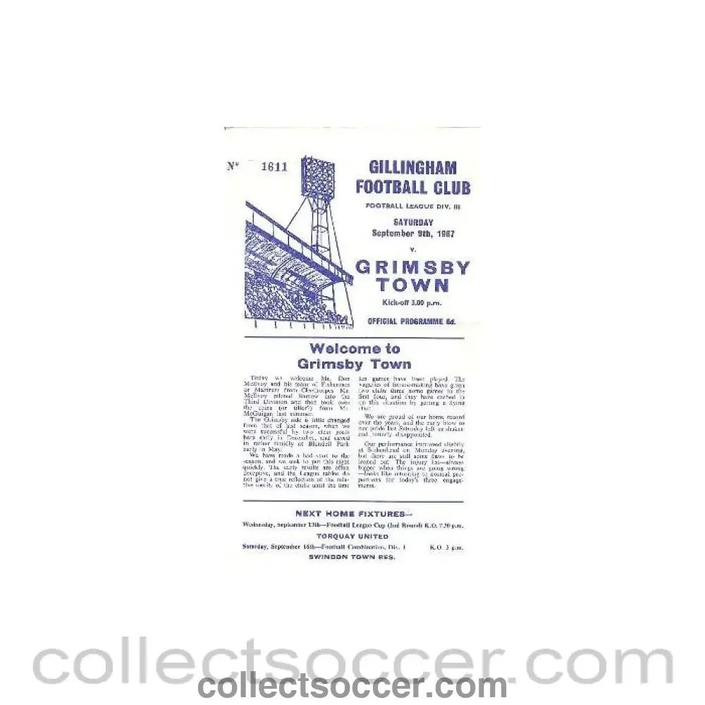 1967 - Gillingham v Grimsby Town official programme 09/09/1967 - Collect Soccer