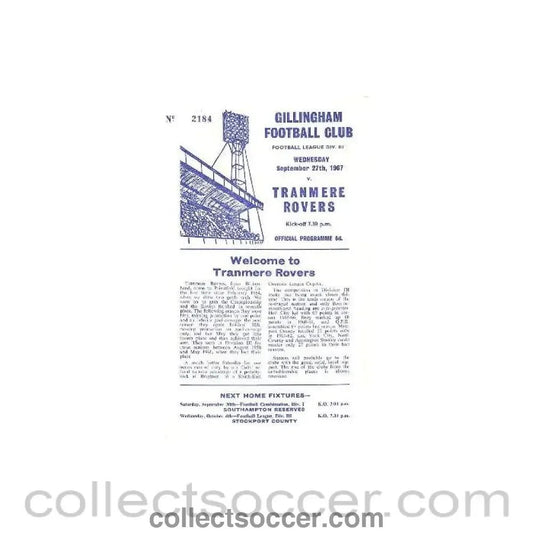 1967 - Gillingham v Tranmere Rovers official programme 27/09/1967 - Collect Soccer