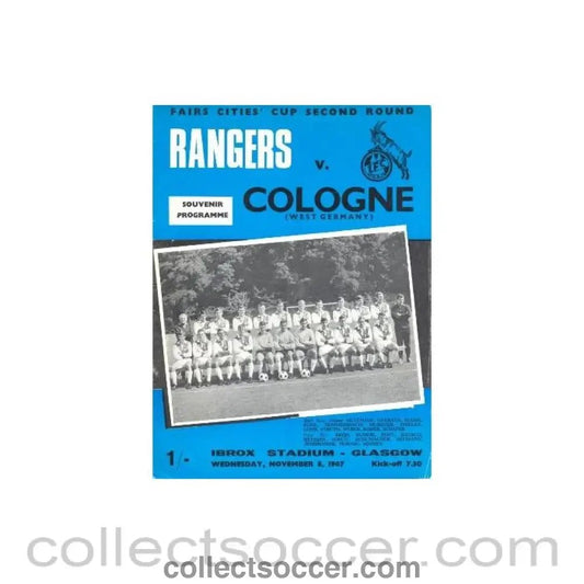 1967 - Glasgow Rangers v Cologne, Germany official programme 08/11/1967 - Collect Soccer