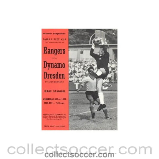 1967 - Glasgow Rangers v Dynamo Dresden, East Germany official programme 04/10/1967 Fairs Cities' Cup - Collect Soccer