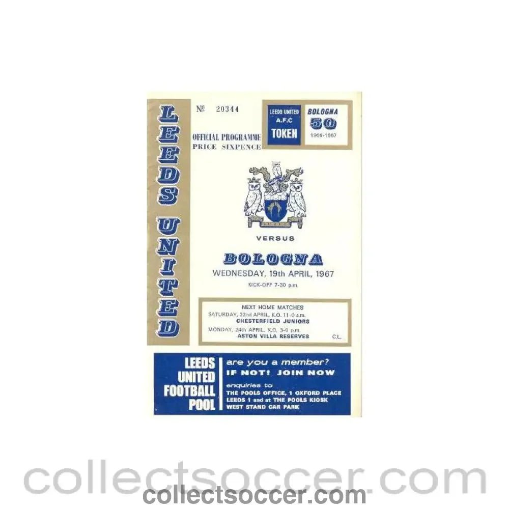 1967 - Leeds United v Bologna official programme 19/04/1967 - Collect Soccer