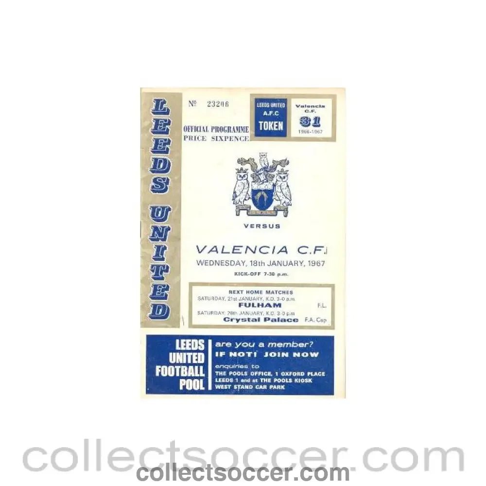1967 - Leeds United v Valencia official programme 18/01/1967 - Collect Soccer