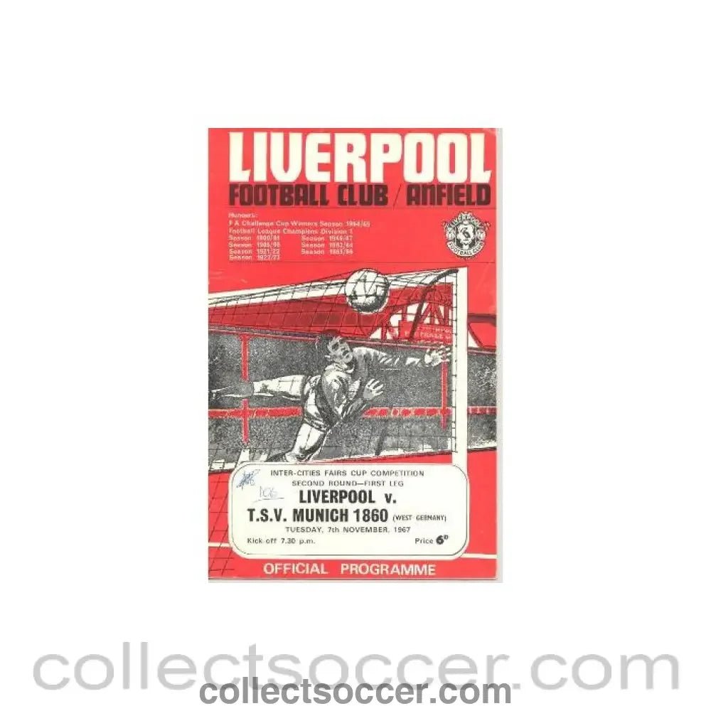 1967 - Liverpool v T.S.V. Munich 1860, West Germany official programme 07/11/1967 - Collect Soccer