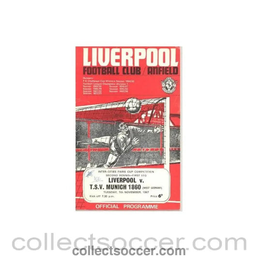 1967 - Liverpool v T.S.V. Munich 1860, West Germany official programme 07/11/1967 - Collect Soccer