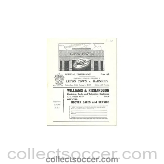 1967 - Luton Town v Barnsley official programme 14/01/1967 - Collect Soccer