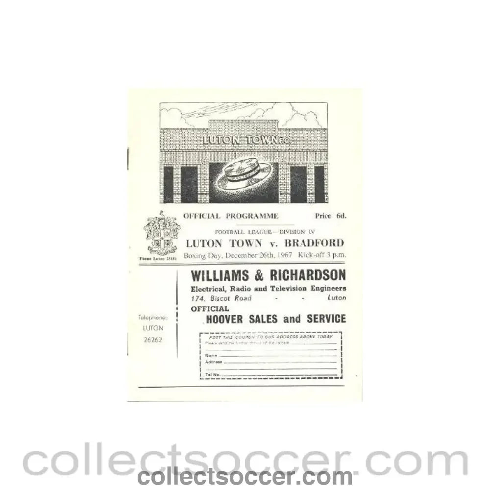 1967 - Luton Town v Bradford official programme 26/12/1967 - Collect Soccer