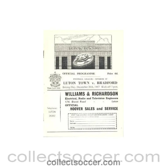 1967 - Luton Town v Bradford official programme 26/12/1967 - Collect Soccer