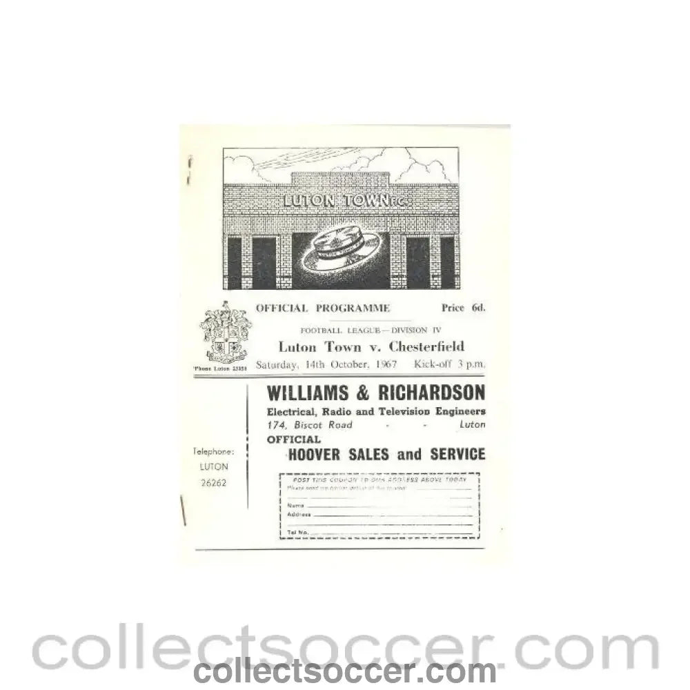 1967 - Luton Town v Chesterfield official programme 14/10/1967 - Collect Soccer