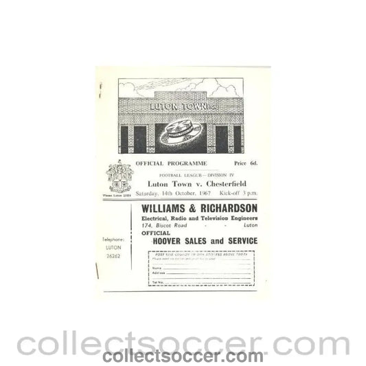 1967 - Luton Town v Chesterfield official programme 14/10/1967 - Collect Soccer