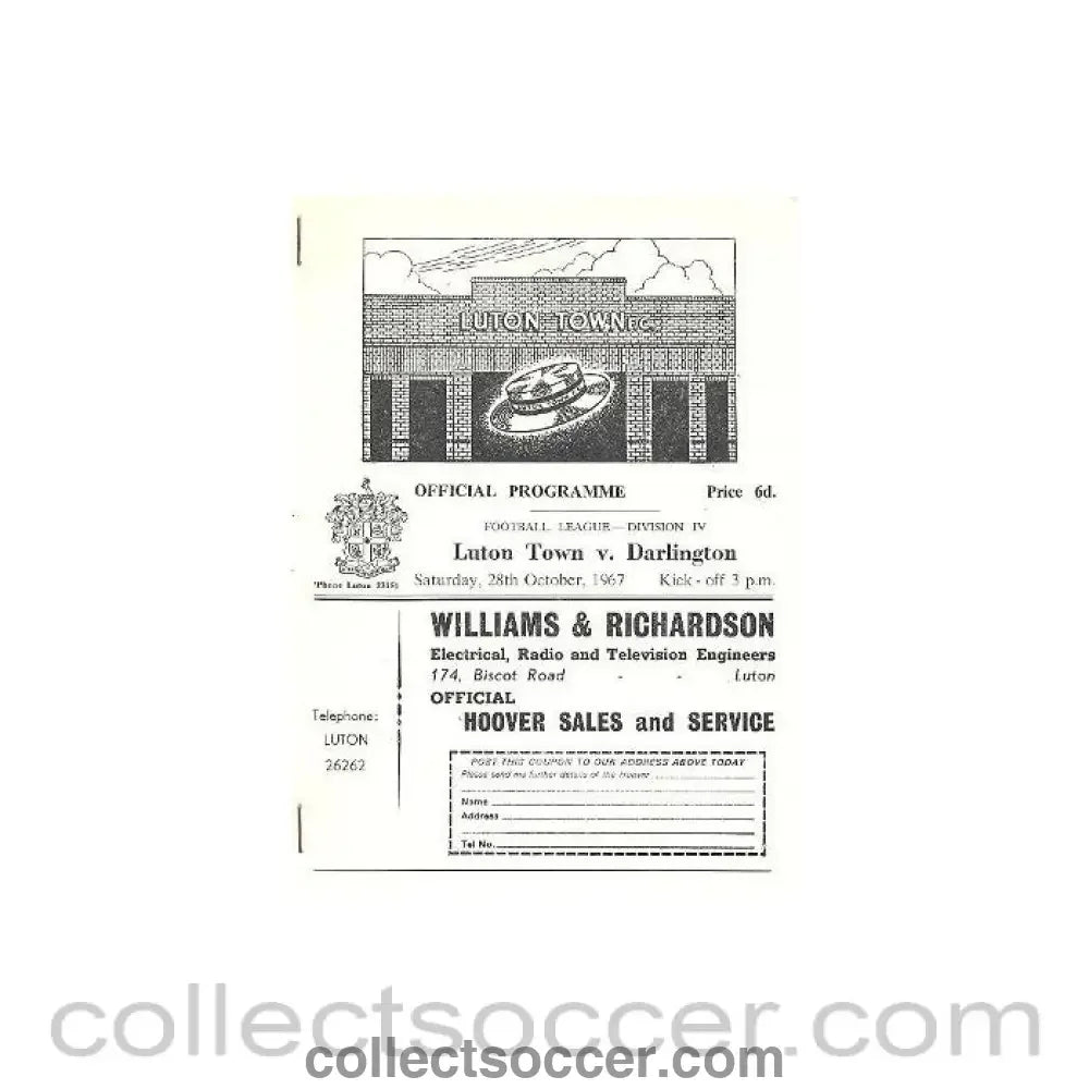 1967 - Luton Town v Darlington official programme 28/10/1967 - Collect Soccer