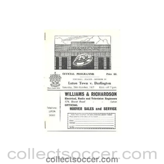 1967 - Luton Town v Darlington official programme 28/10/1967 - Collect Soccer