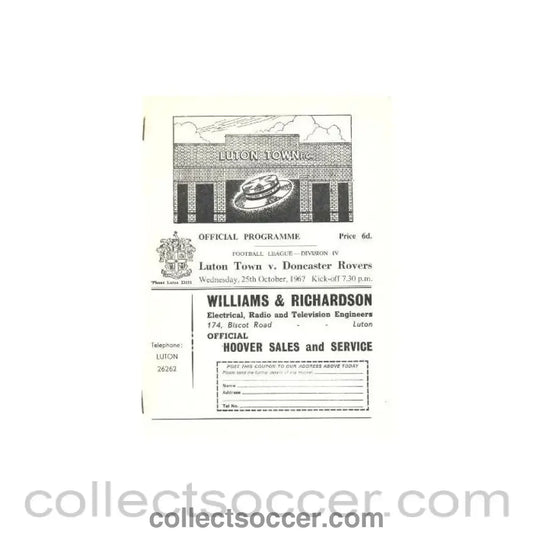 1967 - Luton Town v Doncaster Rovers official programme 25/10/1967 - Collect Soccer