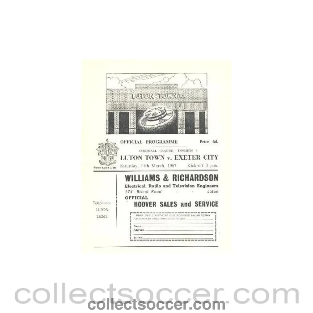 1967 - Luton Town v Exeter City official programme 11/03/1967 - Collect Soccer