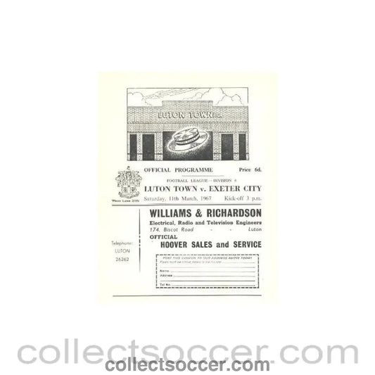 1967 - Luton Town v Exeter City official programme 11/03/1967 - Collect Soccer