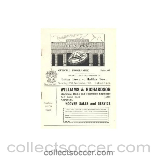 1967 - Luton Town v Halifax Town official programme 25/11/1967 - Collect Soccer