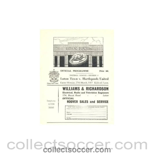 1967 - Luton Town v Hartlepoos United official programme 27/03/1967 - Collect Soccer