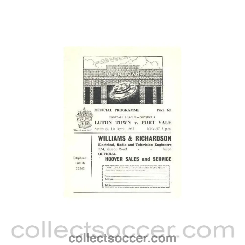 1967 - Luton Town v Port Vale official programme 01/04/1967 - Collect Soccer