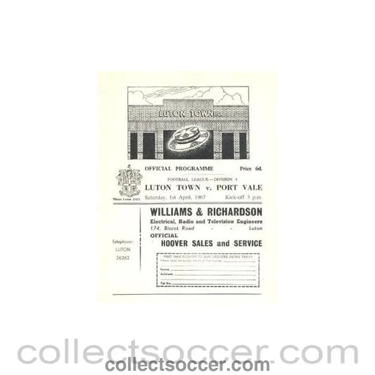 1967 - Luton Town v Port Vale official programme 01/04/1967 - Collect Soccer