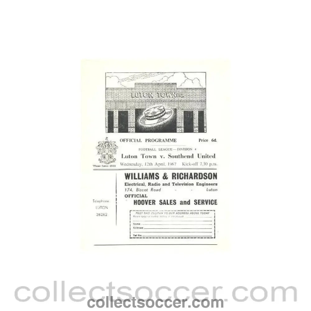 1967 - Luton Town v Southend United official programme 12/04/1967 - Collect Soccer