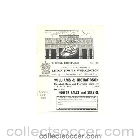 1967 - Luton Town v Workington official programme 11/11/1967 - Collect Soccer