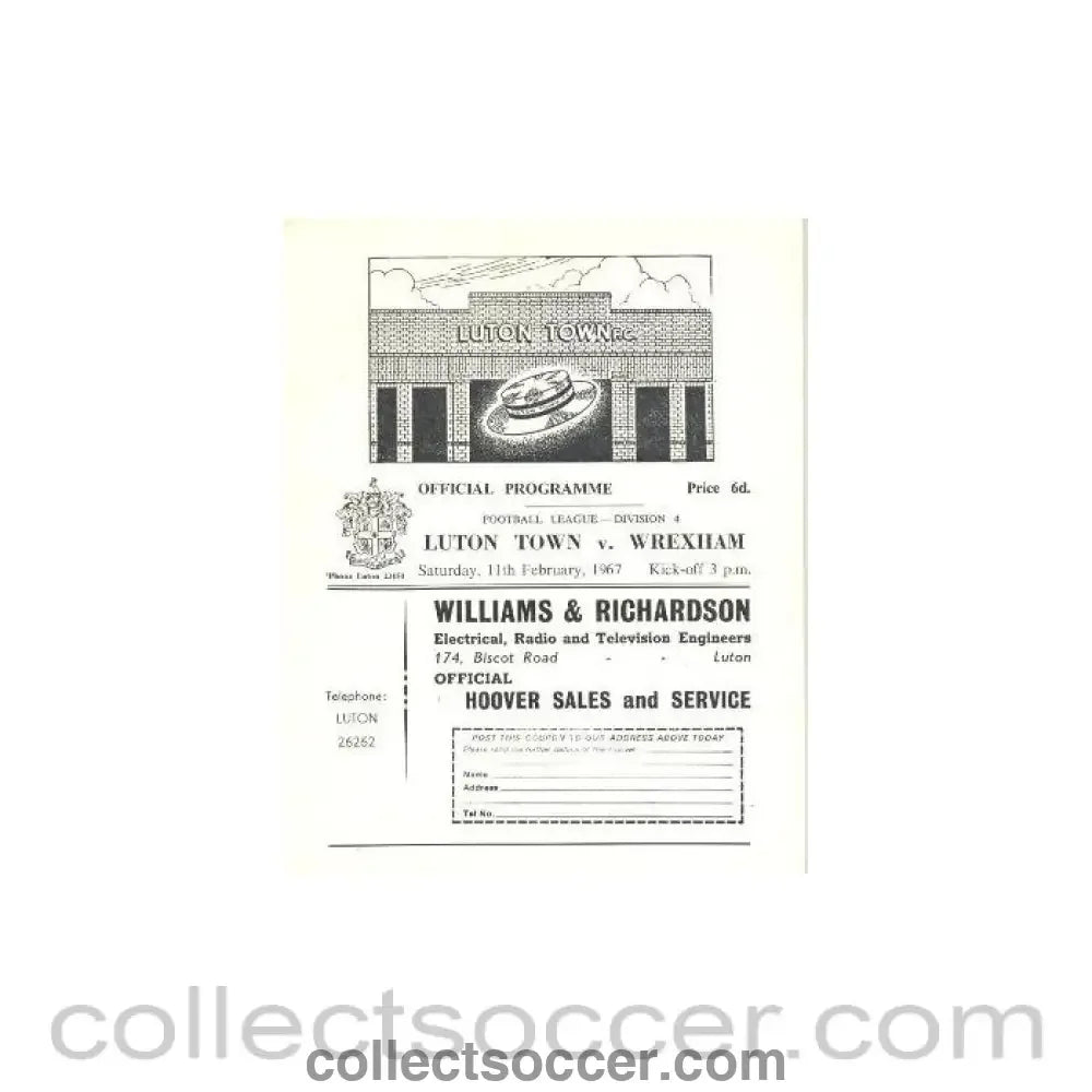 1967 - Luton Town v Wrexham official programme 11/02/1967 - Collect Soccer
