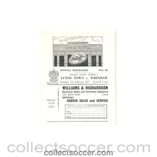 1967 - Luton Town v Wrexham official programme 11/02/1967 - Collect Soccer
