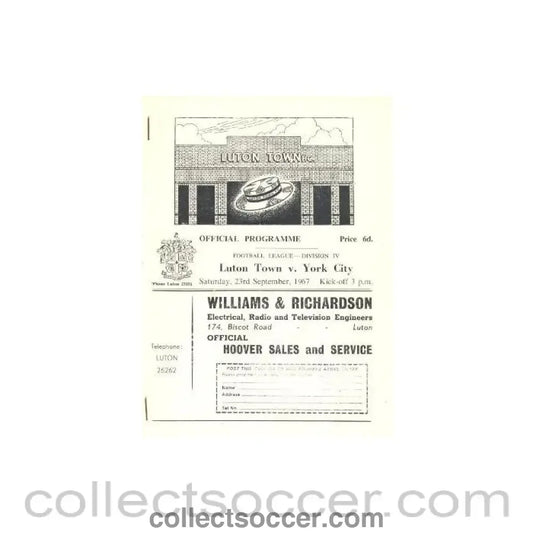 1967 - Luton Town v York City official programme 23/09/1967 - Collect Soccer
