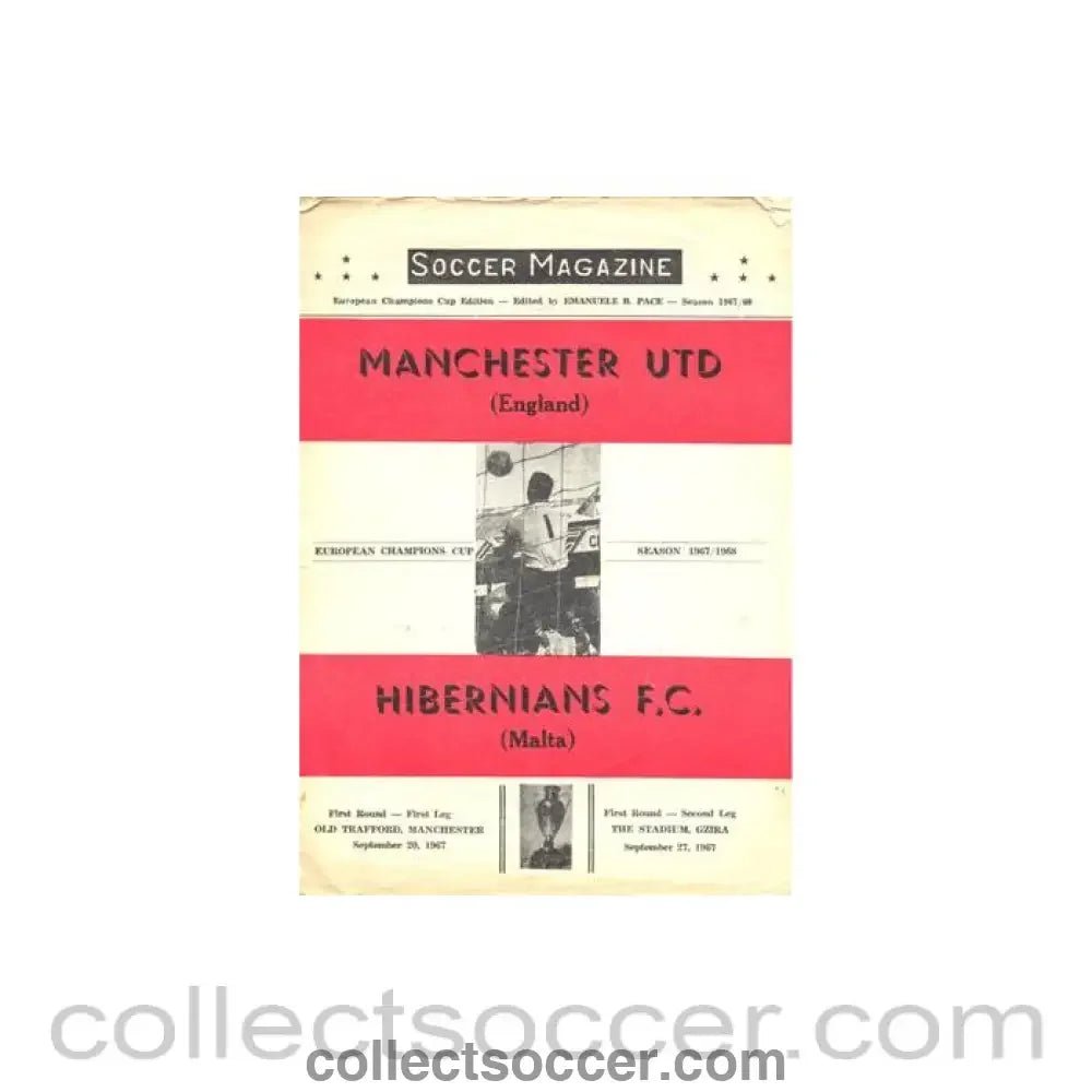 1967 - Manchester United v Hibernians Malta 20/09/1967 and Hibernians Malta V Manchester United Soccer Magazine programme 27/09/1967 European Champions Cup, this is the 8 pages one - Collect Soccer
