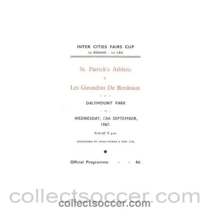 1967 - St. Patrick's v Les Girondins De Bordeaux official proframme 13/09/1967 - Collect Soccer