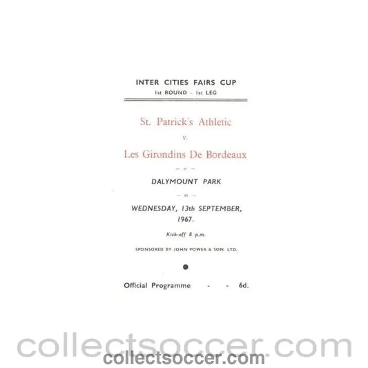 1967 - St. Patrick's v Les Girondins De Bordeaux official proframme 13/09/1967 - Collect Soccer