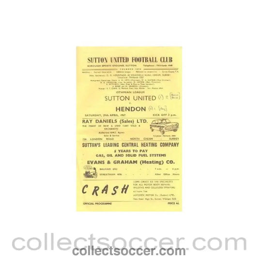 1967 - Sutton United v Hendon official programme 29/04/1967 - Collect Soccer