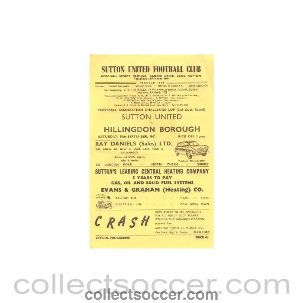 1967 - Sutton United v Hillingdon Borough official programme 30/09/1967 - Collect Soccer