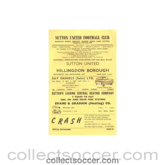 1967 - Sutton United v Hillingdon Borough official programme 30/09/1967 - Collect Soccer
