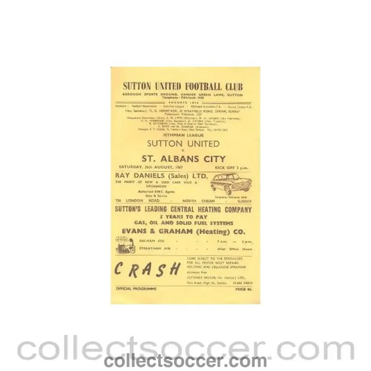 1967 - Sutton United v St. Albans City official programme 26/08/1967 - Collect Soccer