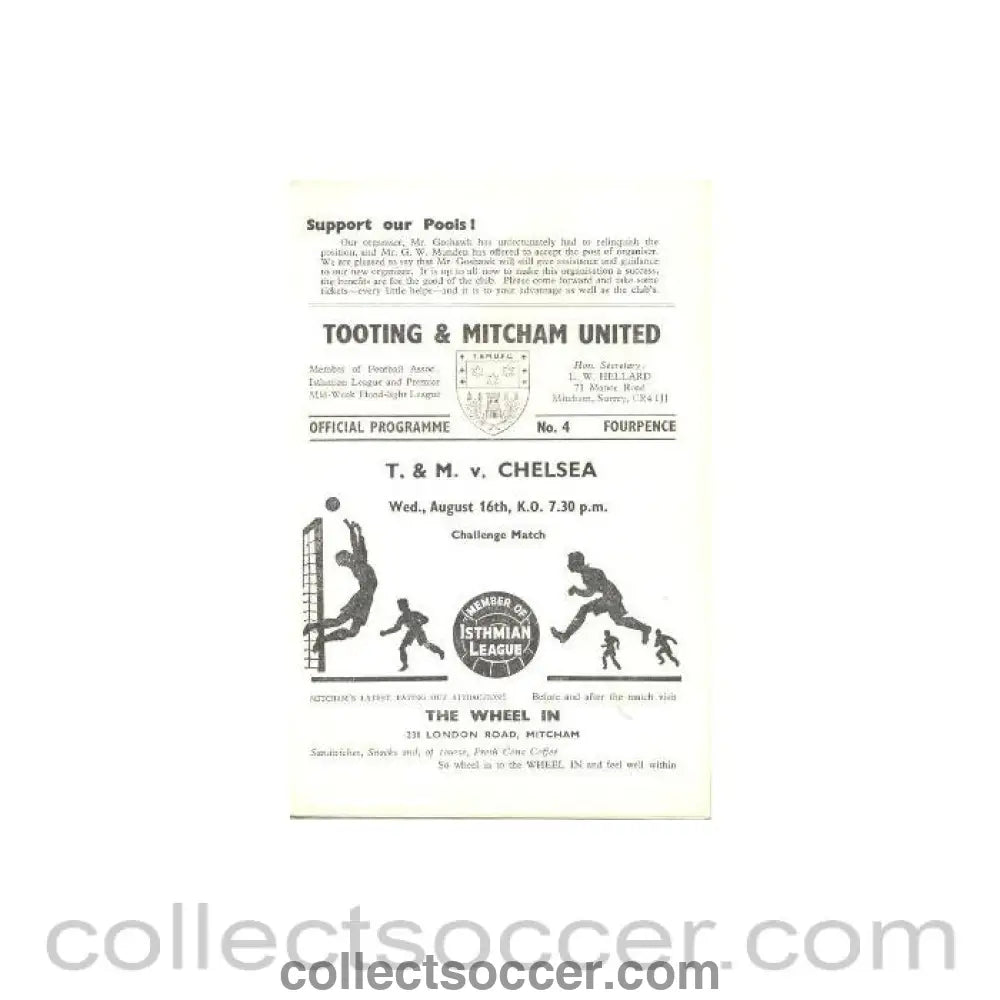 1967 - Tooting & Mitcham United vChelsea official programme 16/08/1967 - Collect Soccer