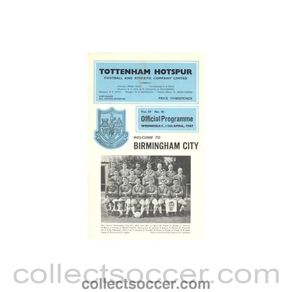 1967 - Tottenham Hotspur v Birmingham official programme 12/04/1967 Football League - Collect Soccer