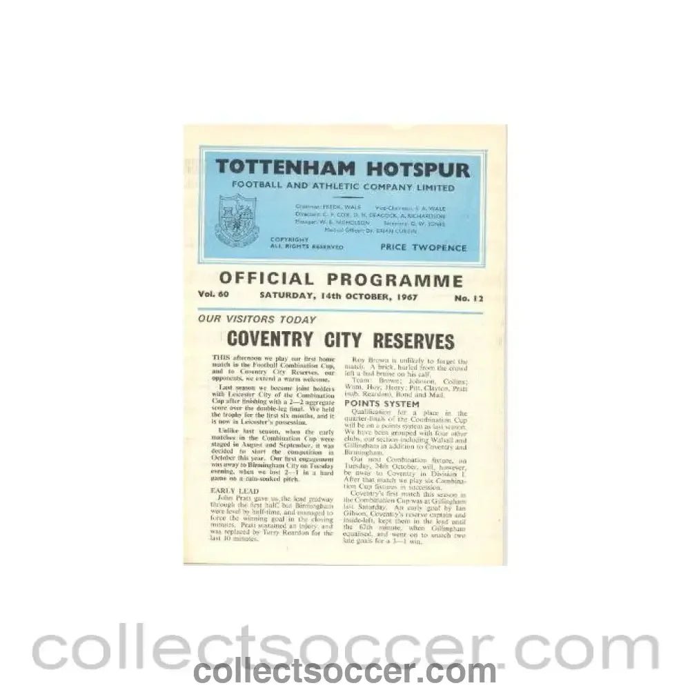 1967 - Tottenham Hotspur v Coventry City official programme 14/10/1967 Reserves - Collect Soccer