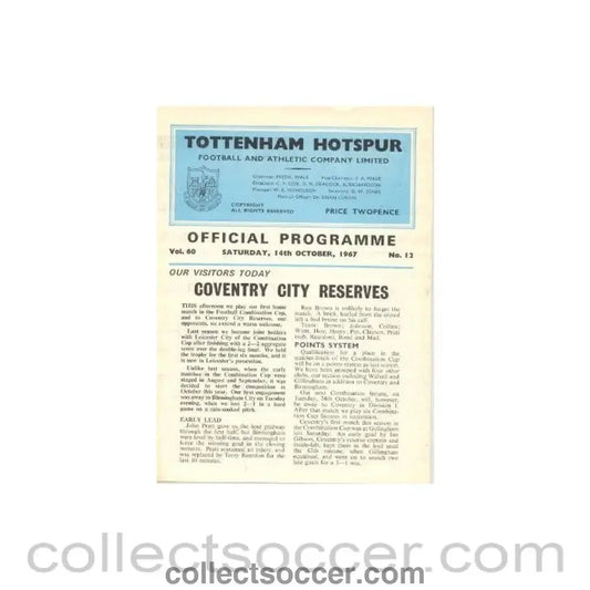 1967 - Tottenham Hotspur v Coventry City official programme 14/10/1967 Reserves - Collect Soccer