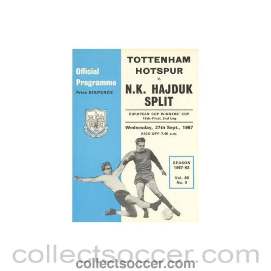 1967 - Tottenham Hotspur v Hajduk, Split, Croatia official programme 27/09/1967 - Collect Soccer