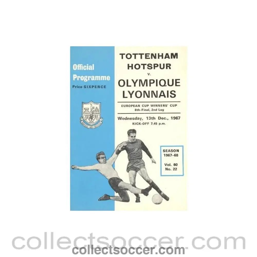 1967 - Tottenham Hotspur v Olympique Lyonnais official programme 13/12/1967 European Cup Winners Cup - Collect Soccer