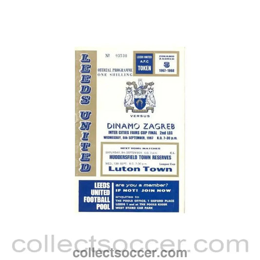 1967 UEFA Fairs Cup Final Official Programme Leeds United v Dynamo Zagreb 06/09/1967